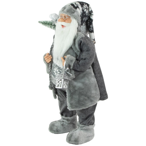 24" Gray and White Santa Claus with Lantern Christmas Figure