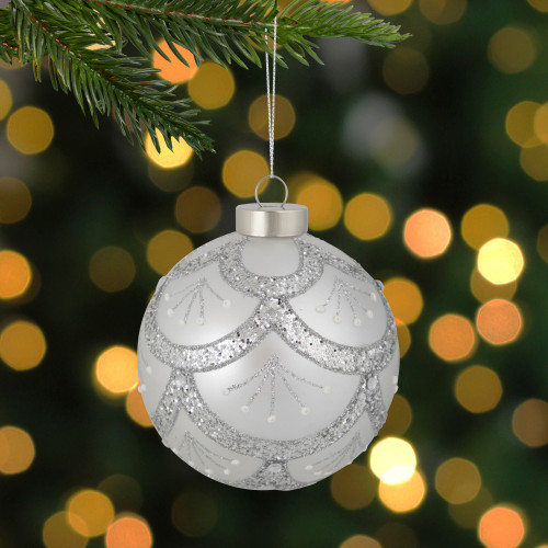 4" Glittered Cosmoid Silver Glass Christmas Ball Ornament