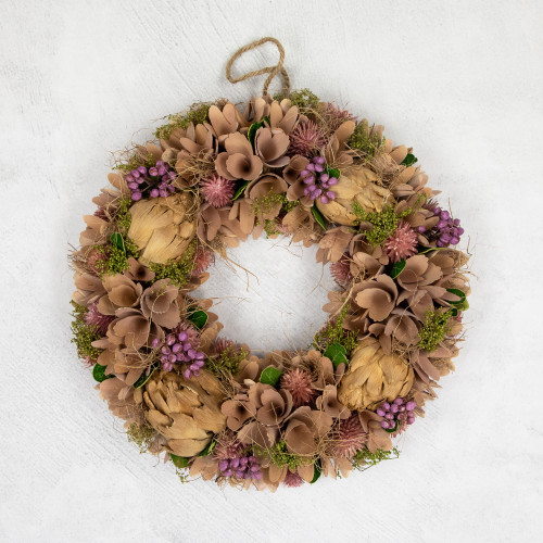 12" Purple and Beige Wooden Floral Spring Wreath with Preserved Artichoke