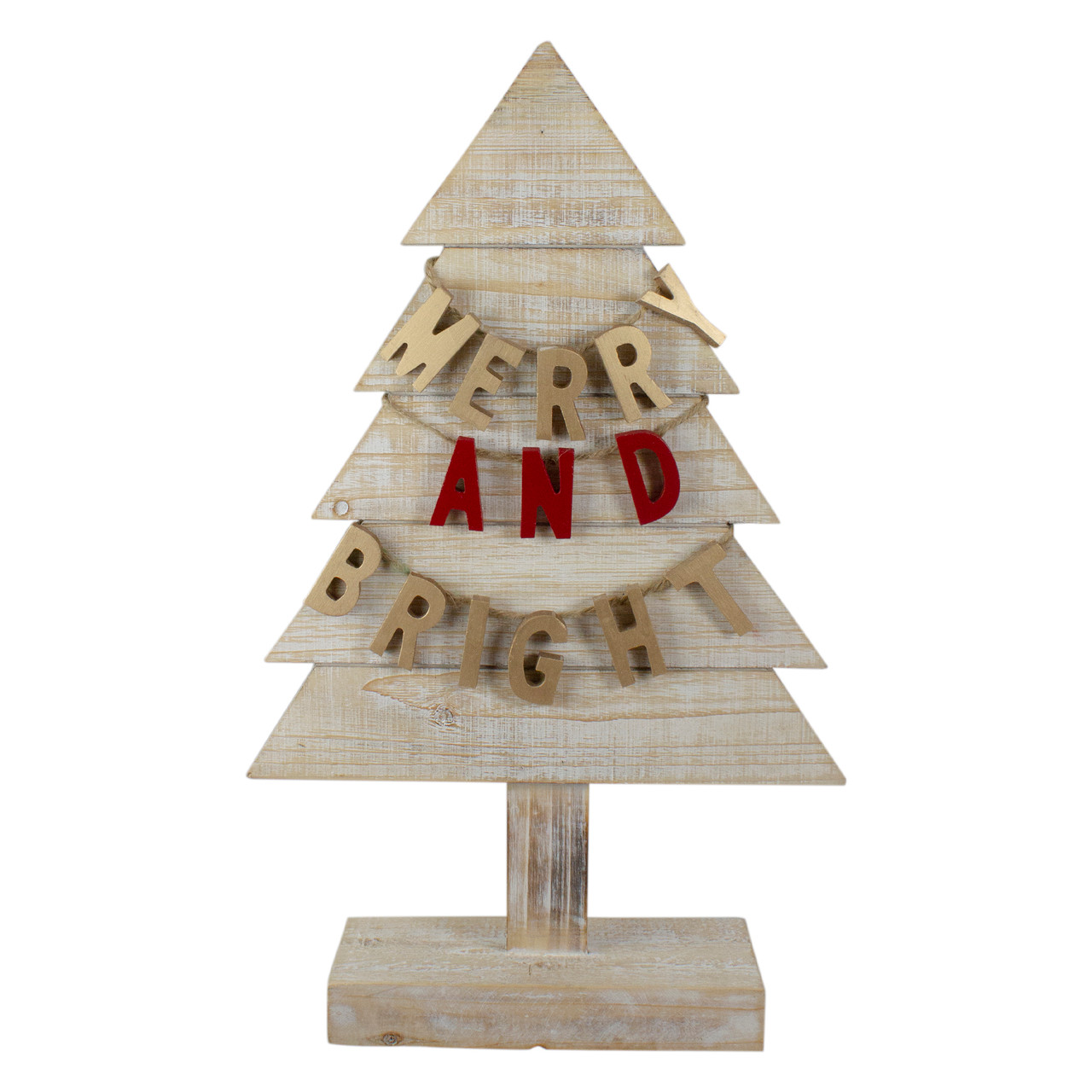 Wooden Tree "Merry and Bright" Christmas Decoration - 23" - Gold and Red