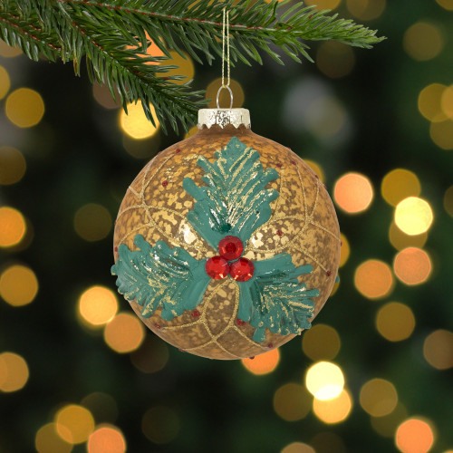 4" Gold Holly Berry Mercury Glass Ball Christmas Ornament