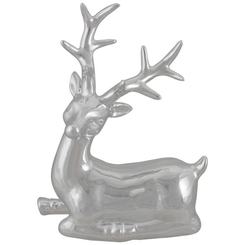 Shiny Ceramic Sitting Reindeer Christmas Decoration - 10" - Silver