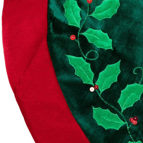 48" Dark Green Holly and Berry Velveteen Christmas Tree Skirt