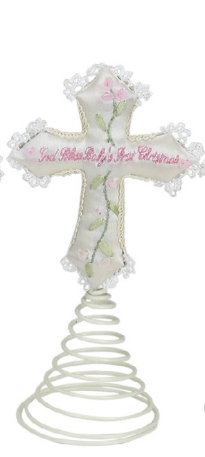 Pink "God Bless Baby's First Christmas" Cross Tree Topper