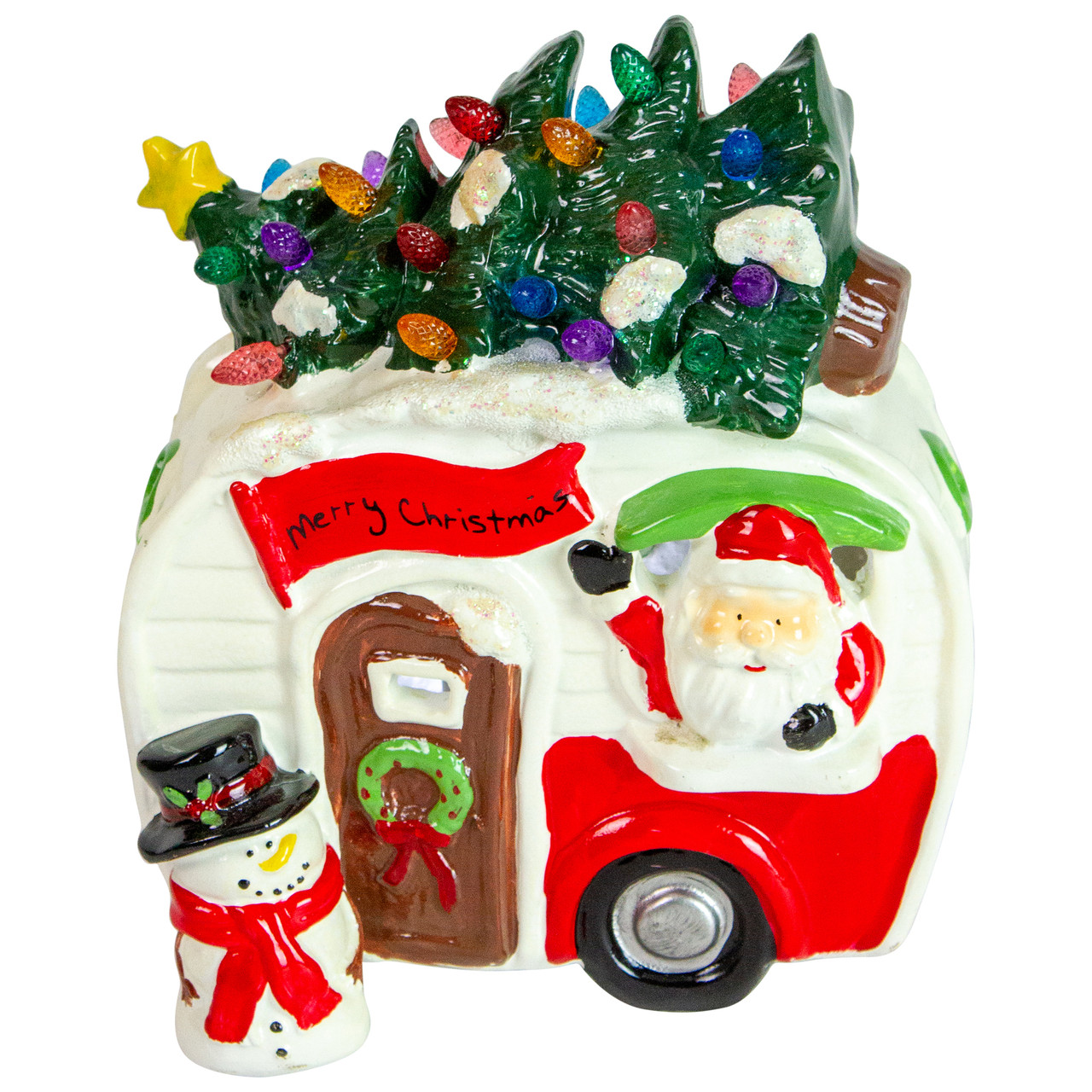 LED Lighted Santa and Snowman Camper Christmas Decoration - 7.75"