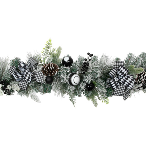 Flocked Pine with Harlequin Ornaments and Bows Artificial Christmas Garland - 6' x 8" - Unlit