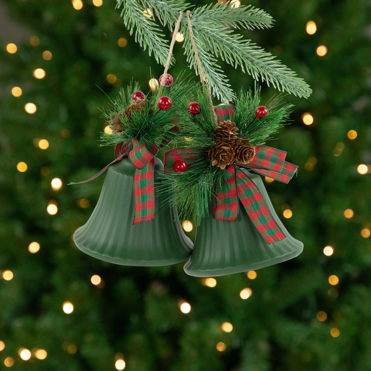 Christmas Bells with Pinecones and Plaid Bow Ornaments - 7" - Green - Set of 2