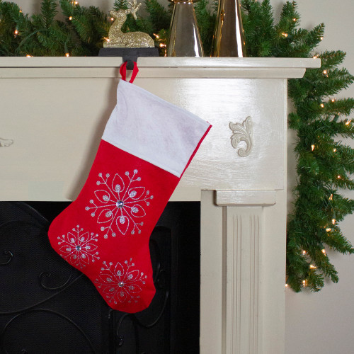 19" Red and White Felt Christmas Stocking with Glitter Snowflakes and Gemstones
