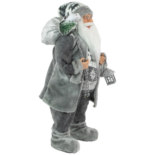 24" Gray and White Santa Claus with Lantern Christmas Figure