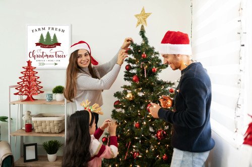 Cut and Carry Christmas Tree Farm 17.5" x 17.5" Framed Christmas Wall Decor  Sign Poster in a Natural Wooden Frame with UV Acrylic and Hangers