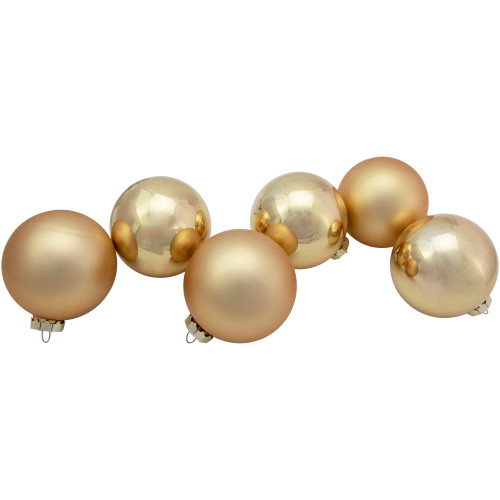 6ct Champagne Gold 2-Finish Glass Ball Christmas Ornament Set 3.25"