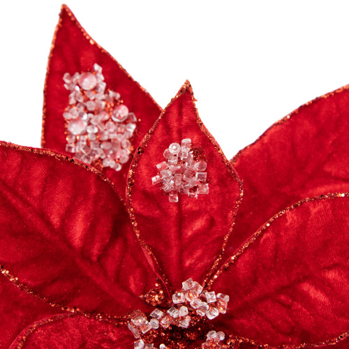 28" Icy Red Velvet Poinsettia Glittered Christmas Stem Spray