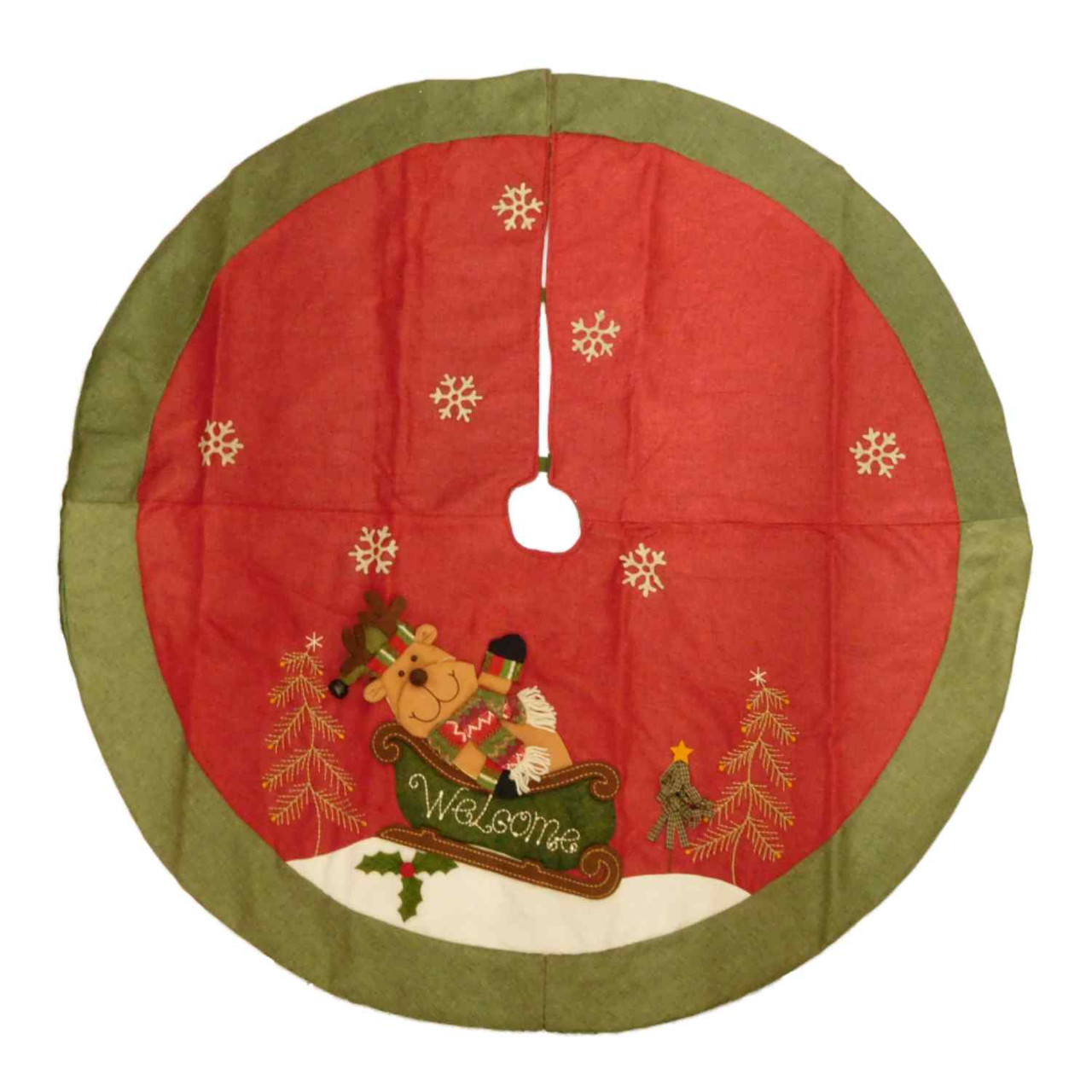 Red Reindeer Sitting In A Sleigh Woven Christmas Tree Skirt Holiday Decor