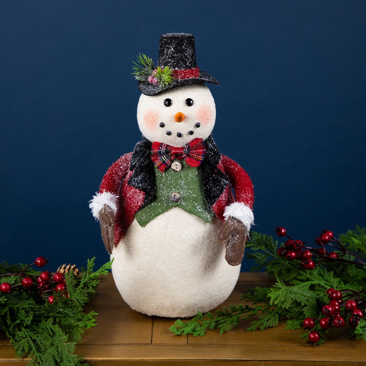 Glittered Snowman with Vest and Bow Tie Christmas Figure - 12.5"