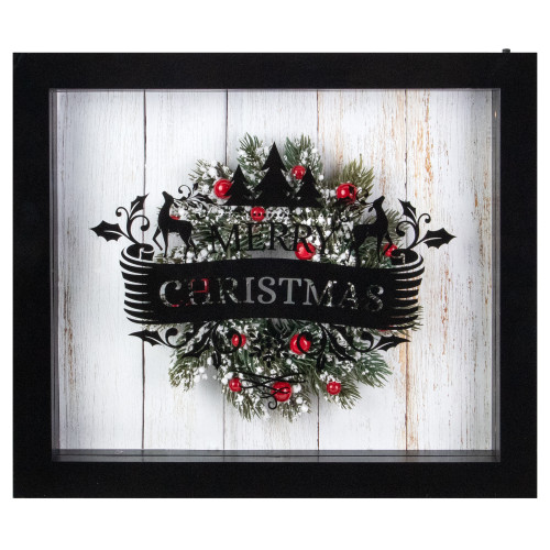 LED Lighted Framed Wreath "Merry Christmas" Box Wall Art Decoration - 14" - Black