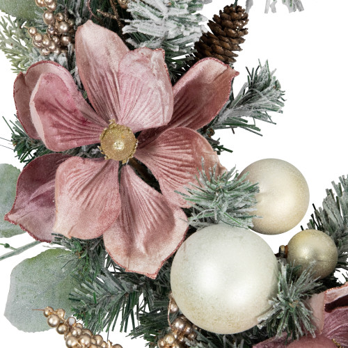 Pink Floral and Ball Ornament Frosted Pine Artificial Christmas Wreath, 24-Inch, Unlit