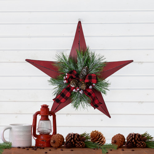 17" Red distressed 5 point Christmas Star With Plaid Ribbon with Artificial Pine
