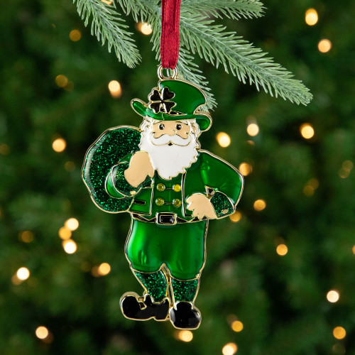 3.5" Green Brass-Plated Irish Santa Christmas Ornament with European Crystals