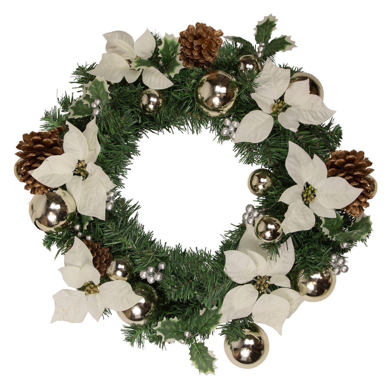 Decorated Cream Colored Poinsettia and Berry Artificial Christmas Wreath, 24-Inch, Unlit