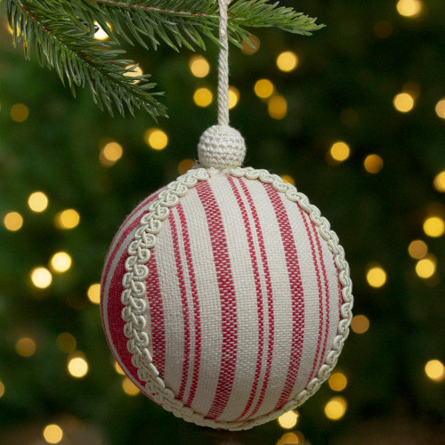 4.75" White and Red Striped Ball Christmas Ornament with Rope Accent