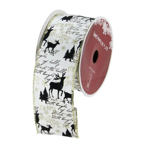 White and Black Playful Reindeer Christmas Wired Craft Ribbon 2.5" x 10 Yards