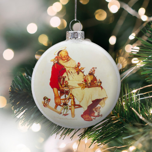 3" Norman Rockwell 'Santa and His Helpers' Glass Christmas Disc Ornament