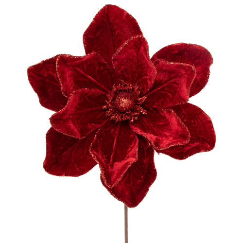 24" Red Velvet Glittered Magnolia Christmas Stem Spray