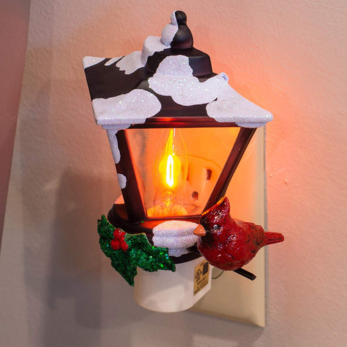 6" Cardinal on a Snow Covered Street Lamp Flickering Christmas Night Light