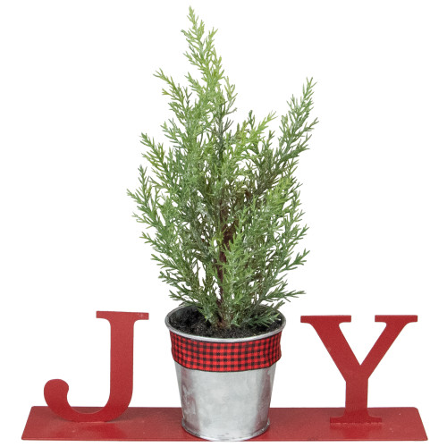 Potted Faux Pine in Metal "JOY" Planter Christmas Decoration - 10" - Red