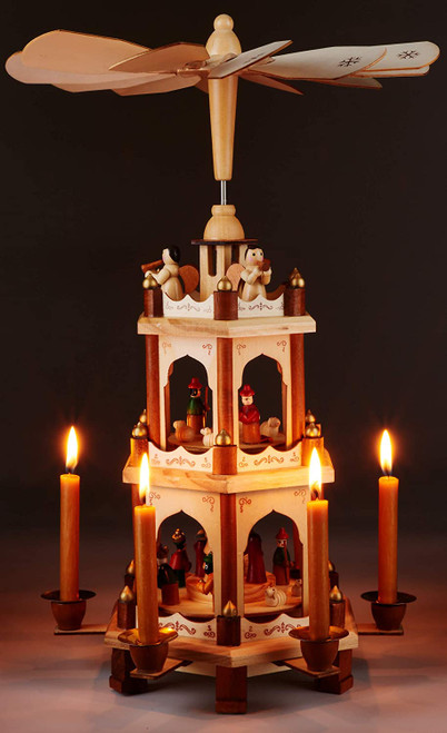 BRUBAKER Wooden Christmas Pyramid - 18 Inches - 3 Tier Carousel - Nativity Play - Designed in Germany