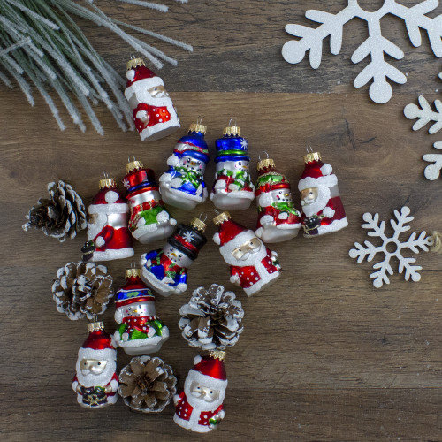12ct Red Winter Snowmen and Santa Claus Figurine Glass Christmas Ornaments 2.5"