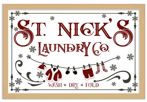 St Nick's Laundry Company Laundry Room 14.5" x 20.5" Framed Christmas Wall Decor  Sign Poster in a Natural Wooden Frame with UV Acrylic and Hangers