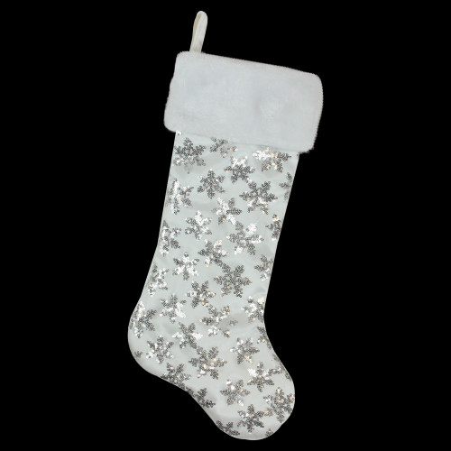 19 White and Silver Sequin Snowflake Christmas Stocking