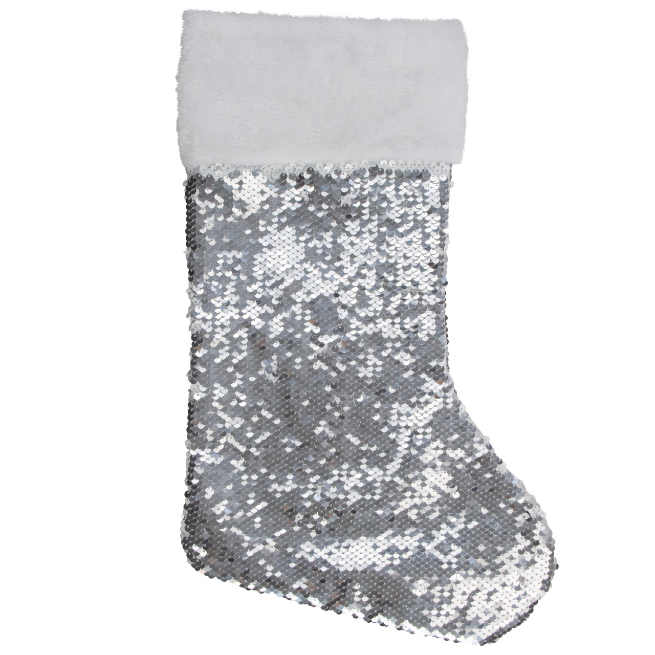 19" White and Silver Sequin Christmas Stocking With White Faux Fur Cuff