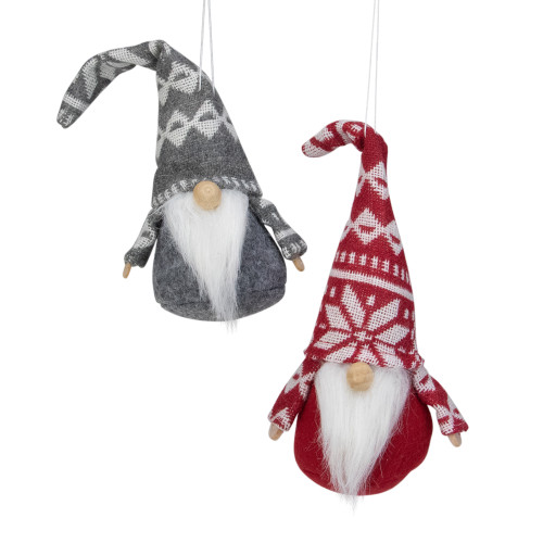 Gnomes with Nordic Hats Christmas Ornaments - 7" - Red and Gray - Set of 2