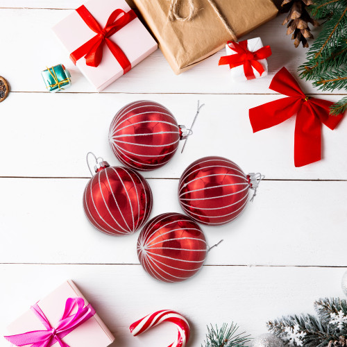 4ct Shiny Red and White Striped Glass Ball Christmas Ornaments 3" (80mm)