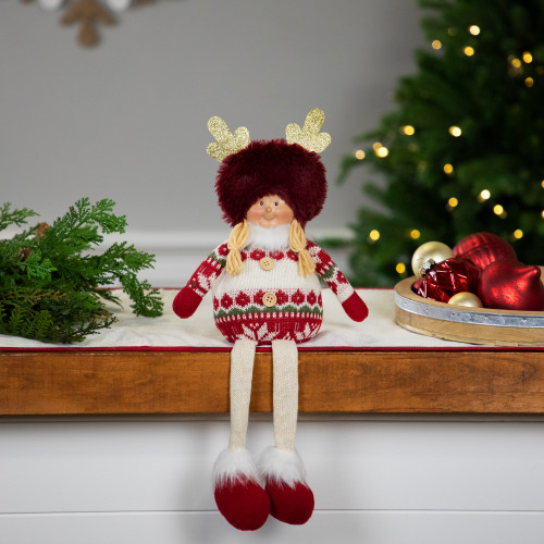Sitting Plush Girl with Dangling Legs Christmas Figure - 16" - Cream and Red