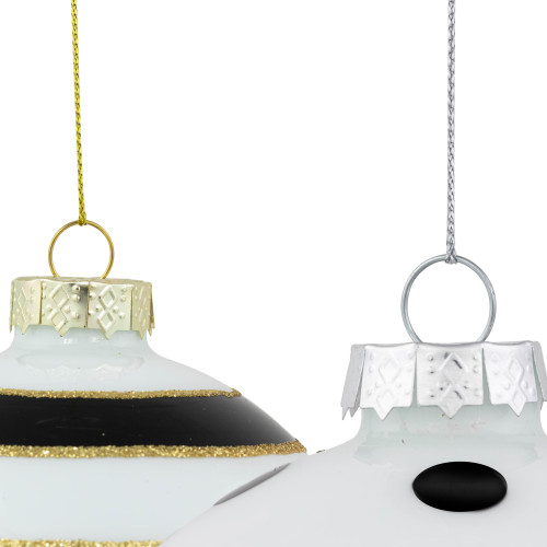 Set of 2 White and Black Striped Glass Christmas Ball Ornaments 4"