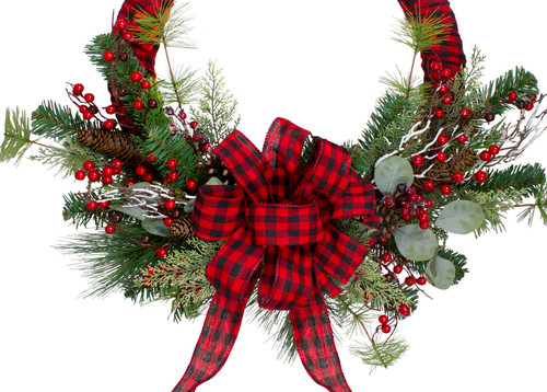 Red and Black Buffalo Plaid and Berry Artificial Christmas Wreath - 24-Inch, Unlit