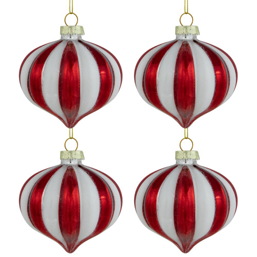 4ct Red and White Glittered Candy Cane Onion Glass Christmas Ornaments 3"