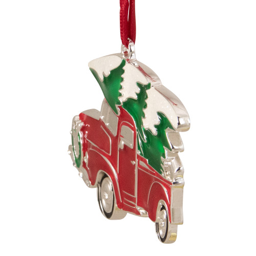 3.5" Red and Silver Country Pick Up Truck with European Crystals Christmas Ornament