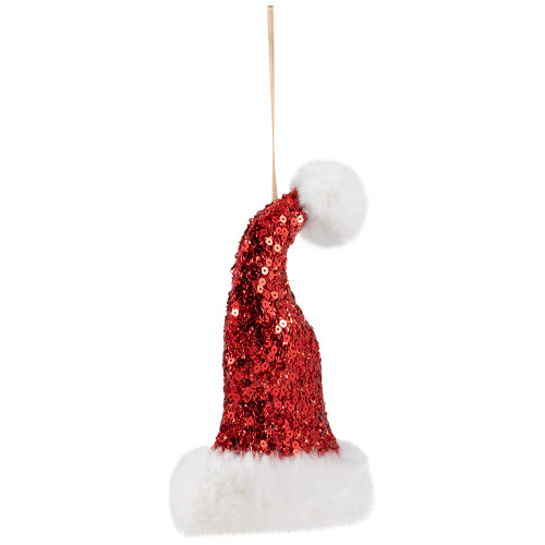 Sequined Santa Hat with Plush Trim Christmas Ornament - 8.5" - Red