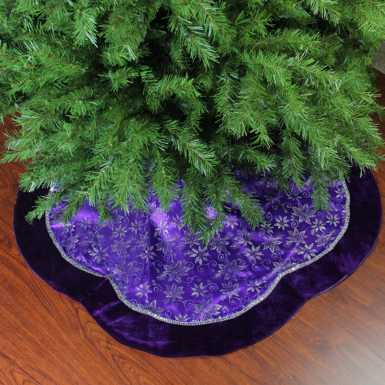 Glittered Floral Christmas Tree Skirt - 48" - Purple and Silver