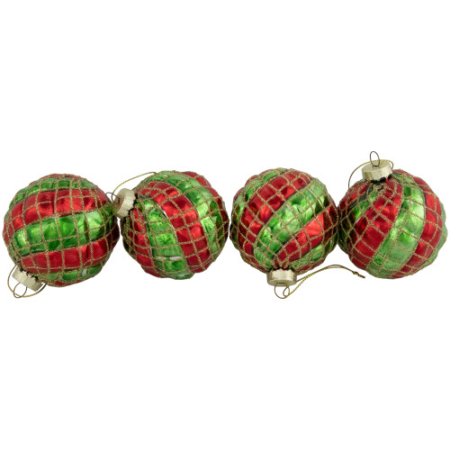 4ct Red and Gold Basket Weave Christmas Glass Ball Ornaments 3"