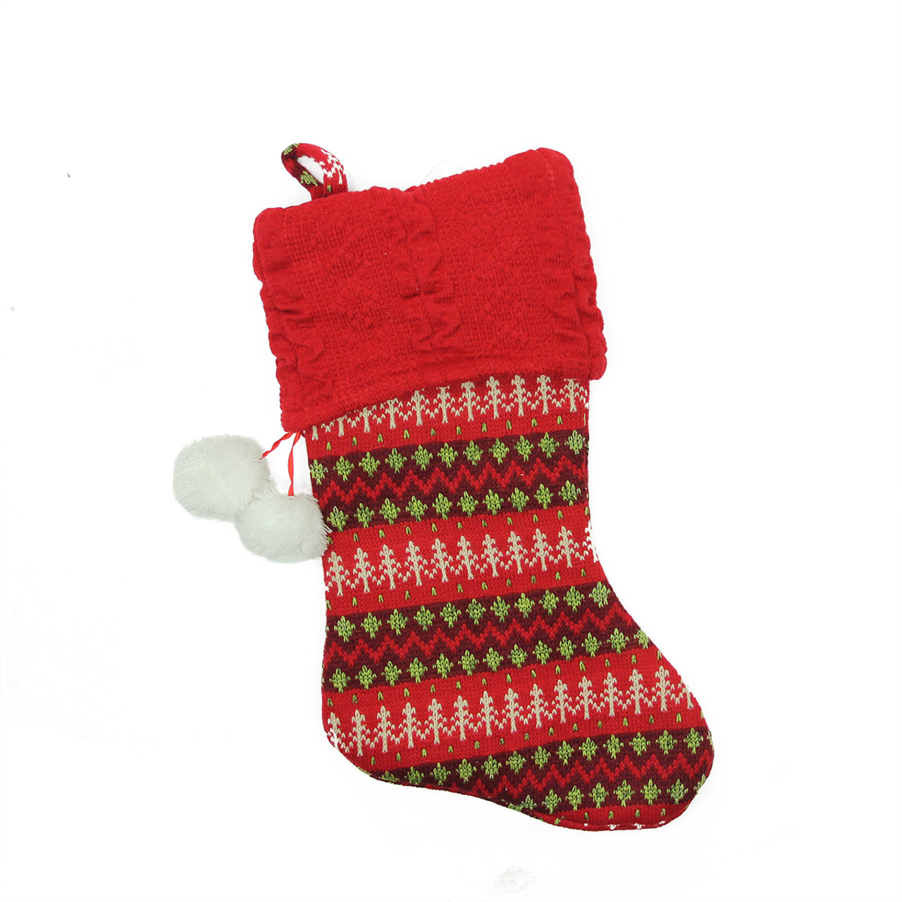 19" Red and Green Sweater Knit Christmas Stocking with Pom Poms