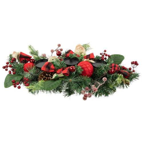 Pine and Berries Triple Candle Holder with Plaid Bows and Christmas Ornaments - 30"