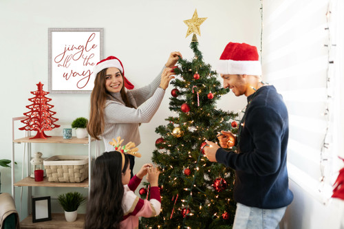 Jingle All The Way 17.5" x 21.5" Framed Christmas Wall Decor Art Print Sign Poster in a White Wooden Frame with UV Acrylic and Hangers