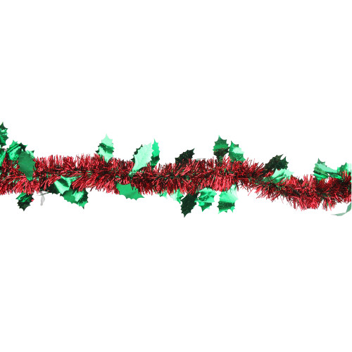 Shiny Tinsel Commercial Christmas Garland with Holly 50' - Red and Green - Unlit