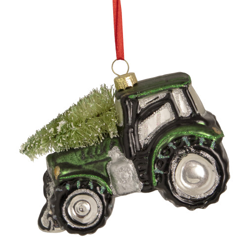 4" Green Tractor with Tree Glass Christmas Ornament