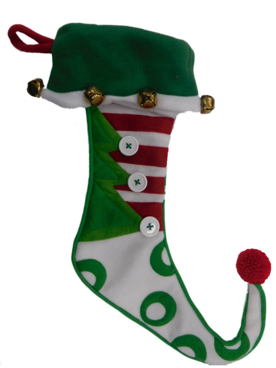 Embellished Stripe Felt Elf Style Jingle Bells Christmas Holiday Stocking